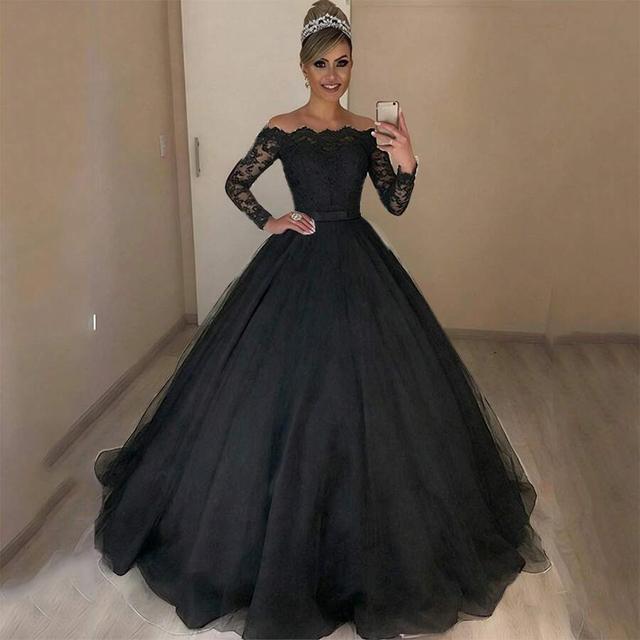 black off-shoulder lace bodice ball gown dress