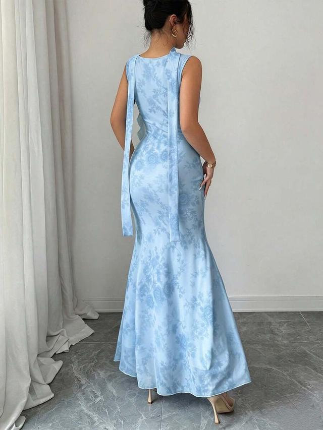 light blue floral sleeveless fitted midi dress