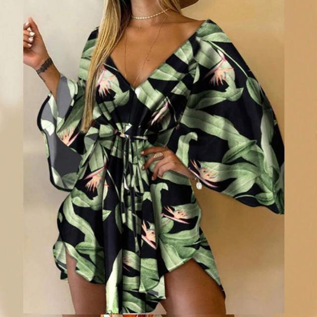 black leaf v-neck tropical print kimono sleeve mini dress