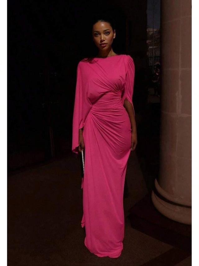 hot pink draped cape sleeve evening gown