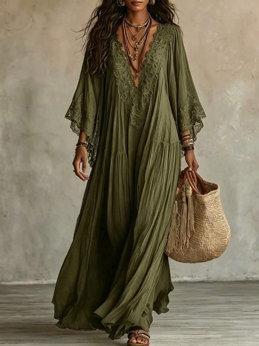 olive green bohemian lace trim maxi kaftan dress