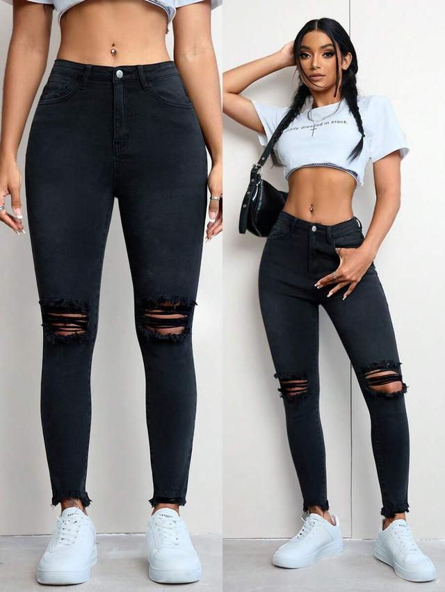 charcoal flexra simple solid front button ripped pockets denim pants