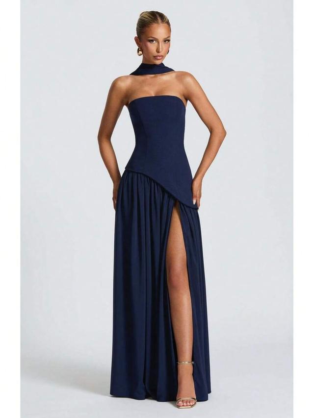 navy strapless pink crepe maxi dress with high slit