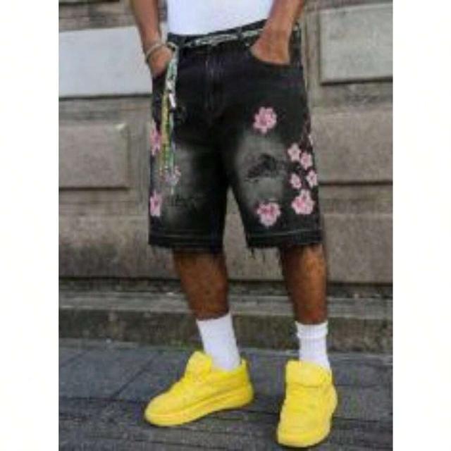 black wash vintage washed cherry blossom embroidered denim shorts