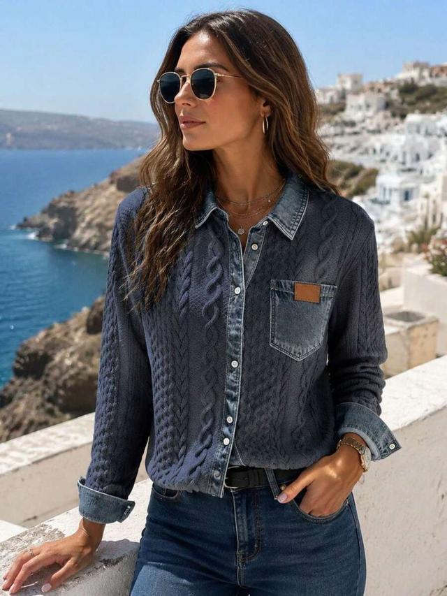 blue cable knit patchwork denim shirt jacket