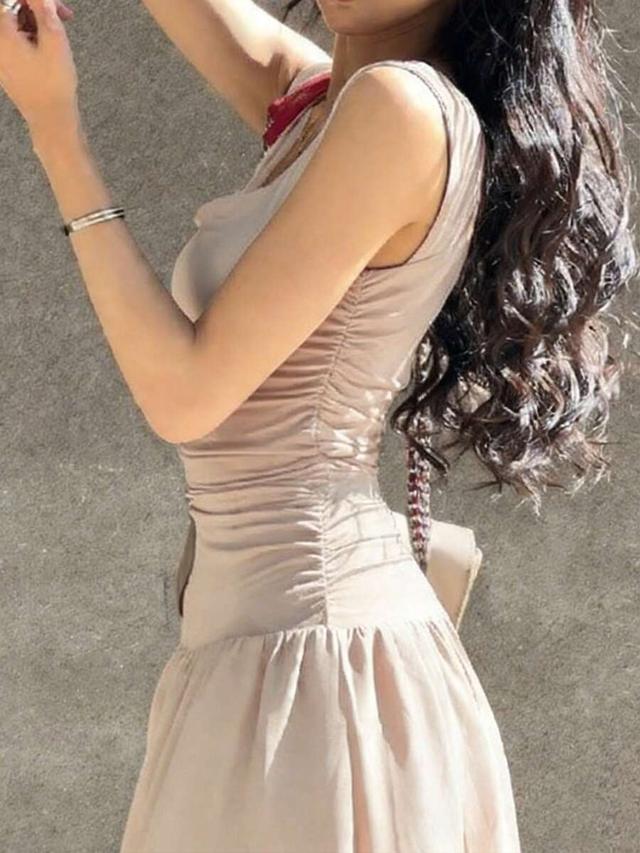 beige elegant beige pleated spaghetti strap midi dress