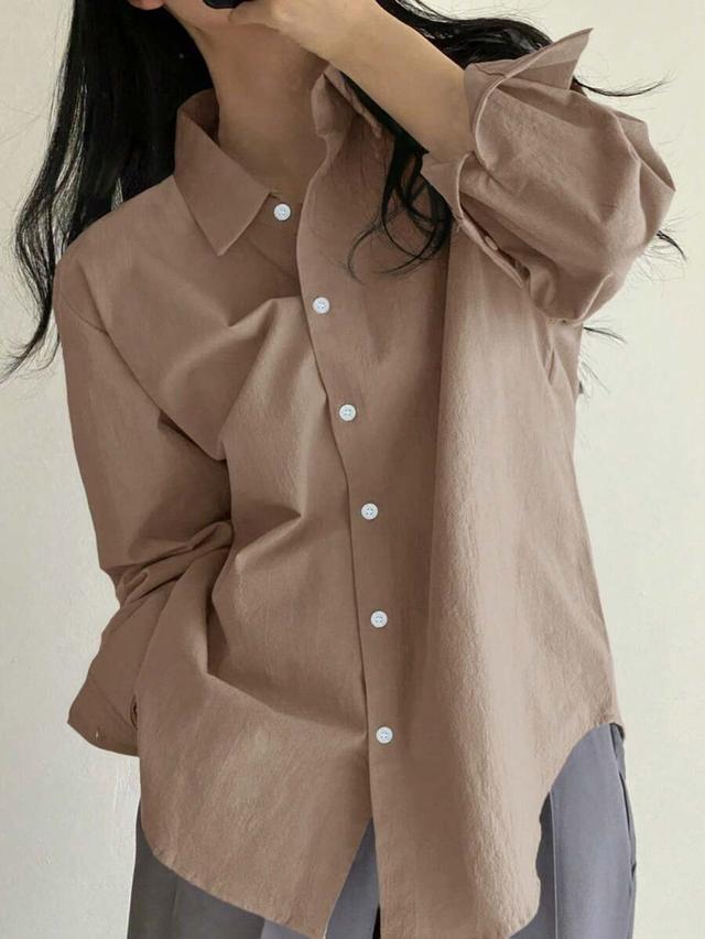dazy women's plain brown long sleeve button-up shirt