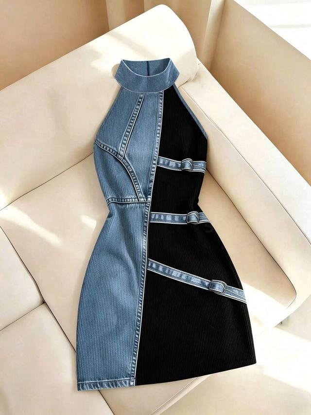 blue black resyla denim effect print regular sleeveless dress