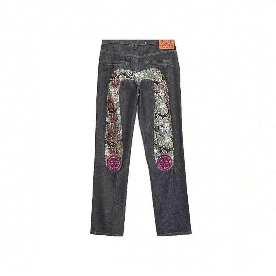 dark grey patterned graphic american street style retro-hop printed straight-leg jeans