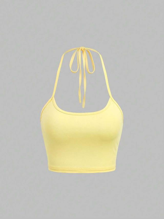 yellow and white striped asymmetric halter tank top
