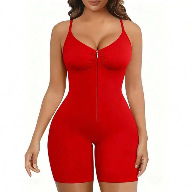 red comfortable fit tummy control zip-up mesh bodysuit