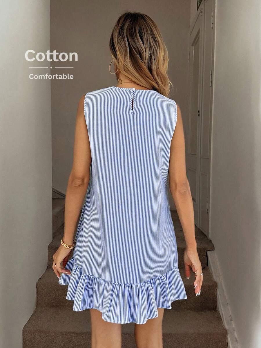 blue and white striped sleeveless ruffled hem mini dress