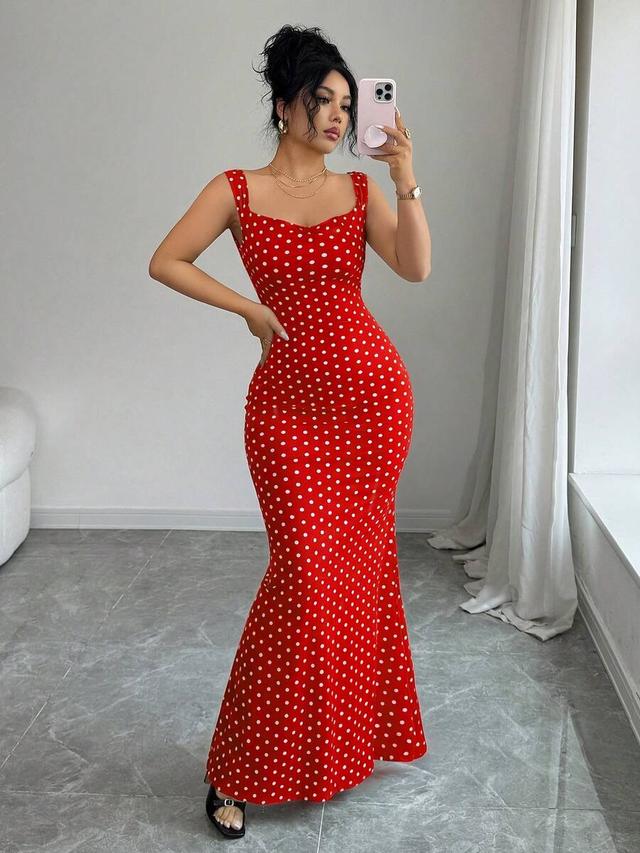 red and white polka dot backless fishtail dress