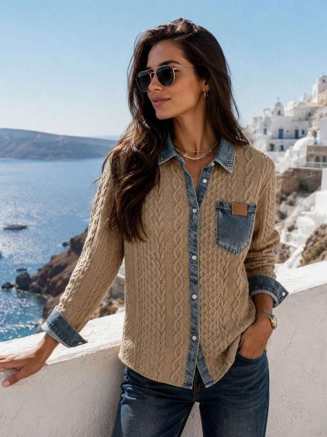 tan cable knit patchwork denim shirt jacket