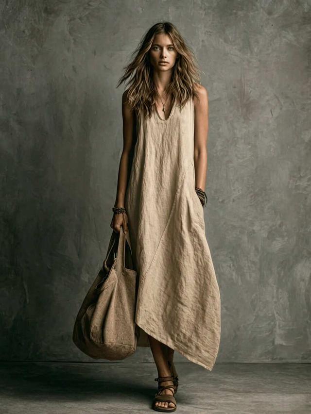 beige sleeveless asymmetrical vacation casual dress