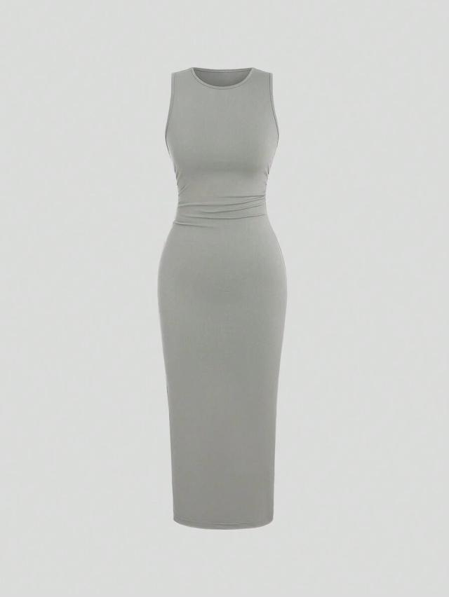 light grey sleeveless round neck pleated midi tunic dress