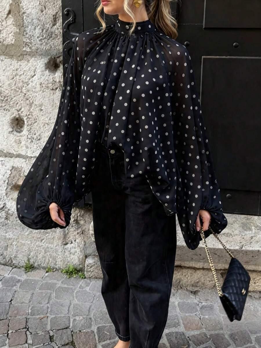 black silver polka dot chiffon stand collar tie back blouse