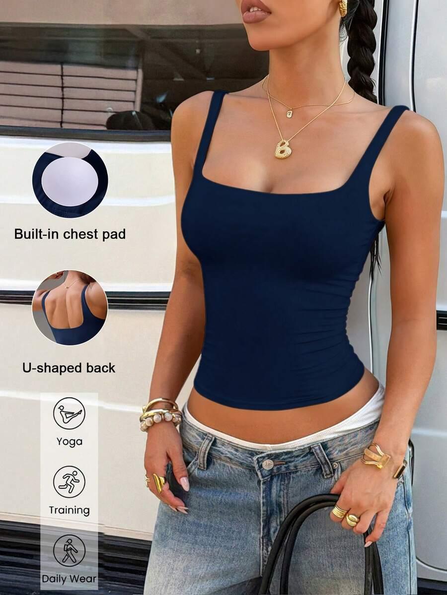navy blue square neck knitted camisole top