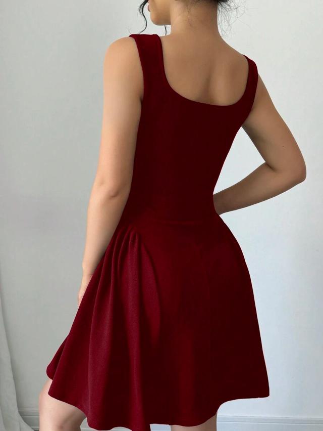 burgundy square neck sleeveless a-line ruched hem dress
