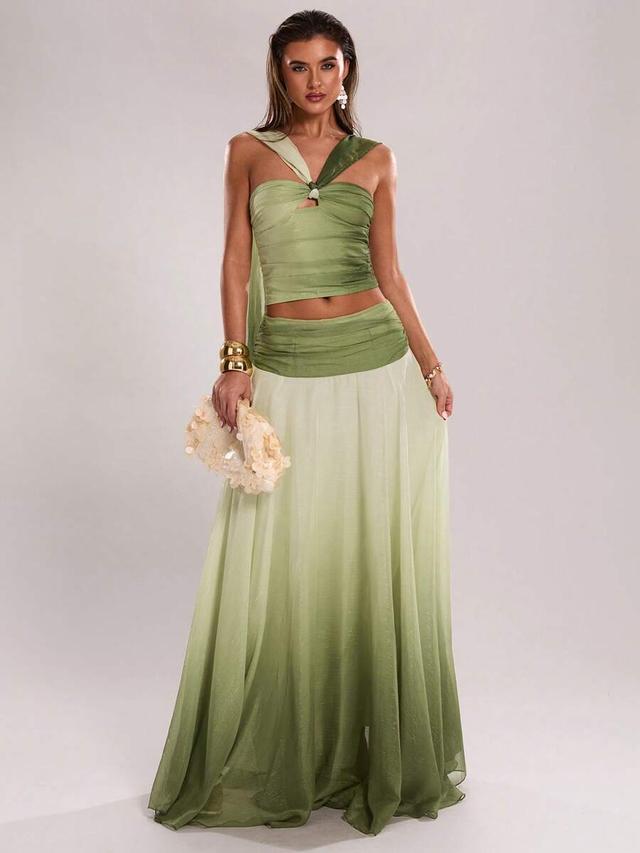 pale green gradient green ruched waist maxi skirt