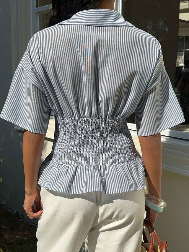 blue and white striped shirred waist button down shirt
