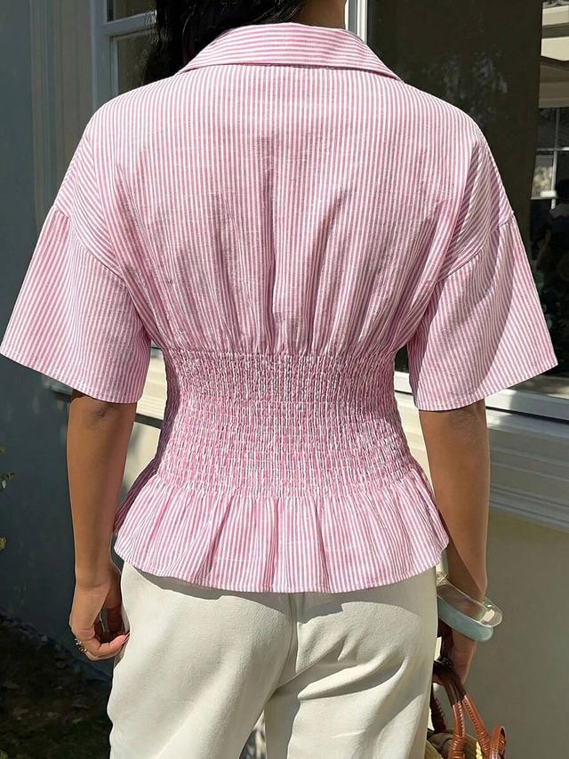 pink and white striped cotton shirred waist blouse