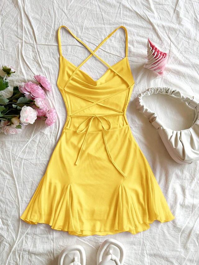 yellow spaghetti strap open back fishtail mini dress