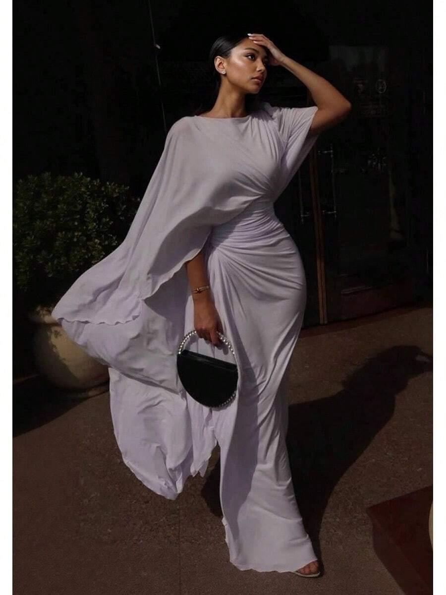 light purple draped cape sleeve evening gown