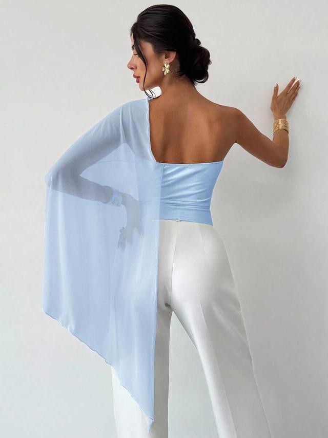 light blue asymmetrical shoulder mesh splice ruffle fitted blouse