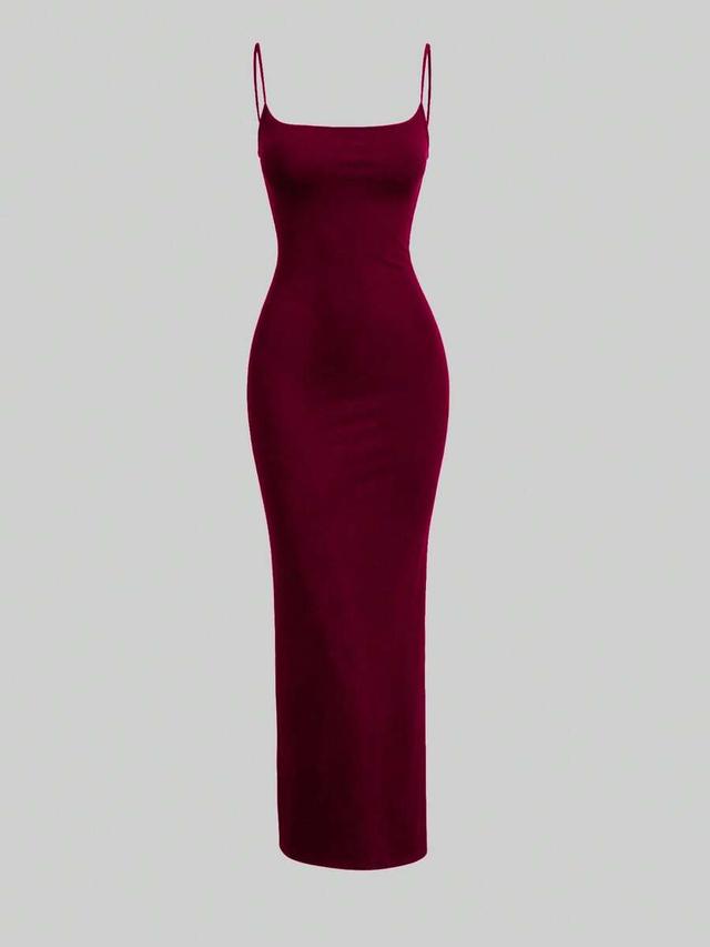 burgundy spaghetti strap bodycon midi dress