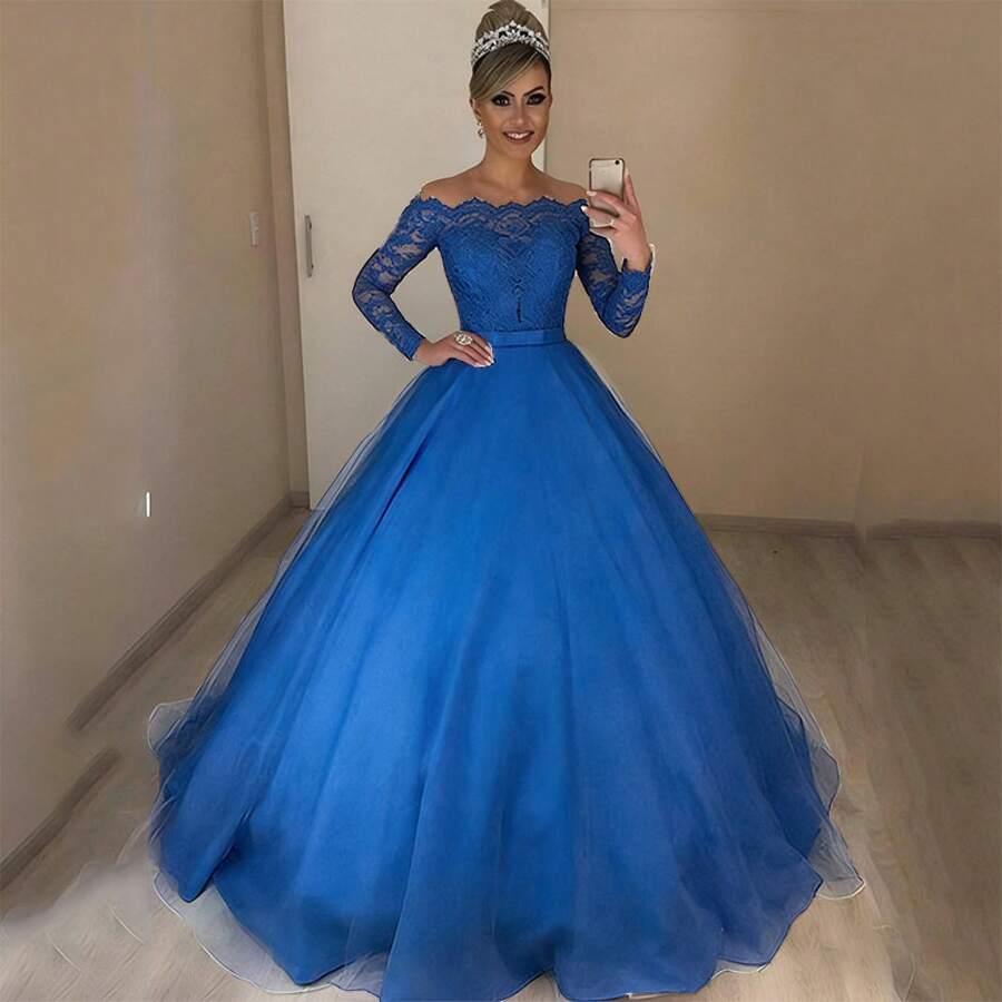 royal blue off-shoulder lace bodice ball gown dress