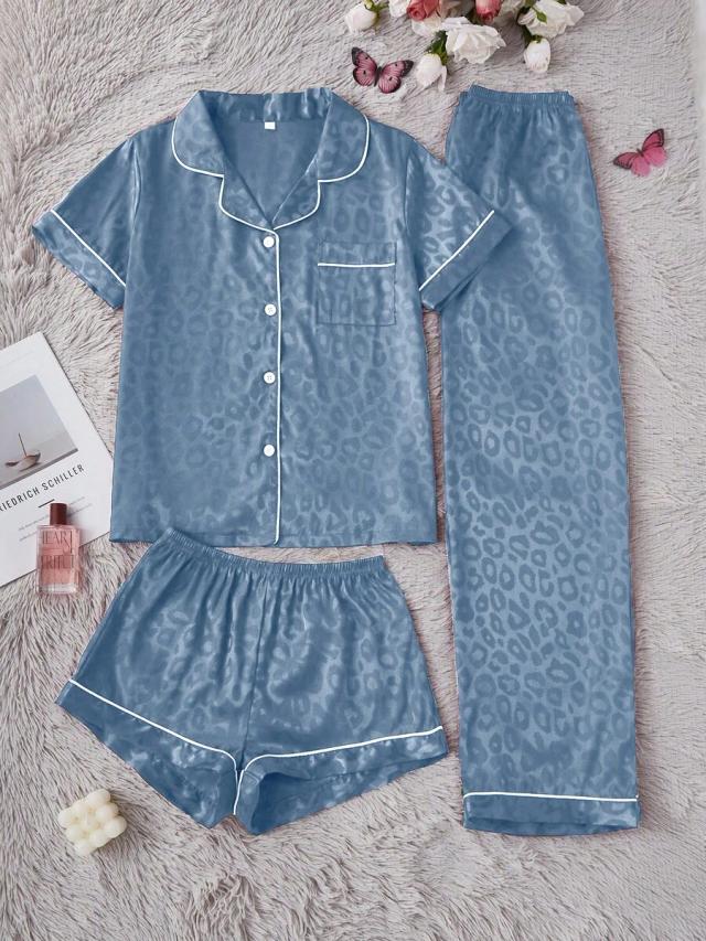 blue women's elegant leopard print jacquard faux silk pajama set