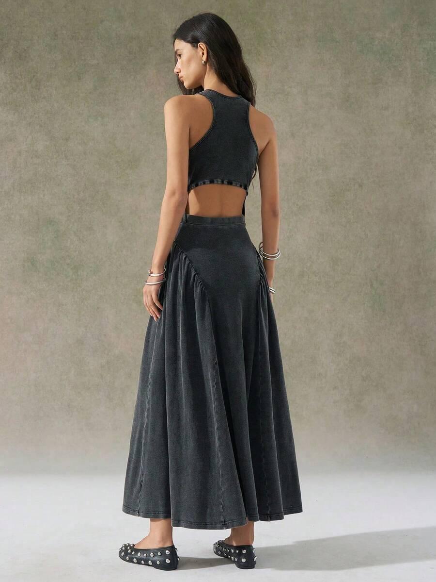 gray distressed wash backless sleeveless maxi dress