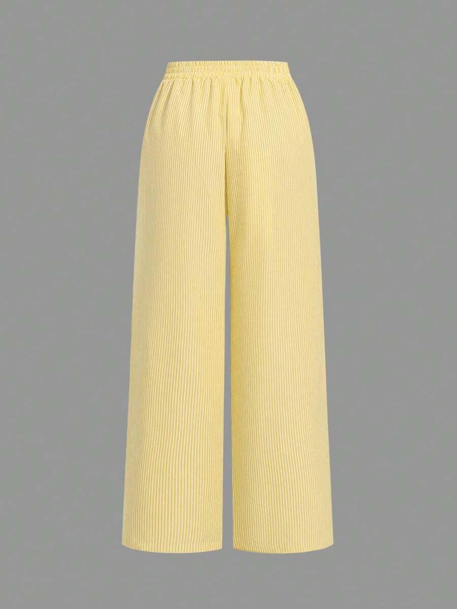 pale yellow striped woven loose wide leg trousers