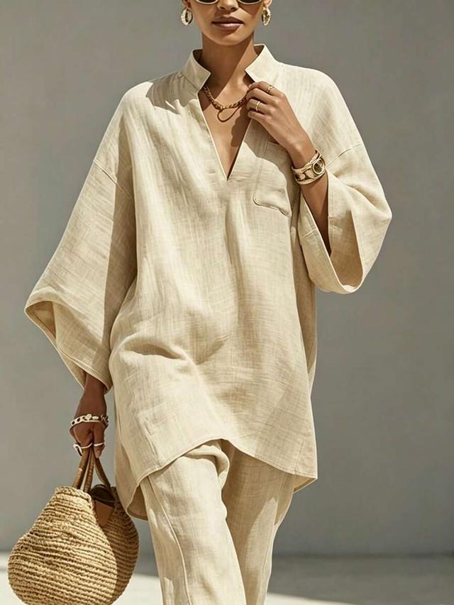khaki v-neck loose batwing 3/4 sleeve cotton blouse