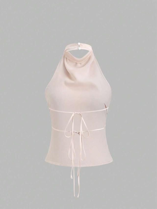 pale pink elegant champagne satin tied bandage halter crop top