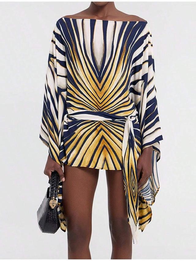navy blue printed silk kaftan style mini dress