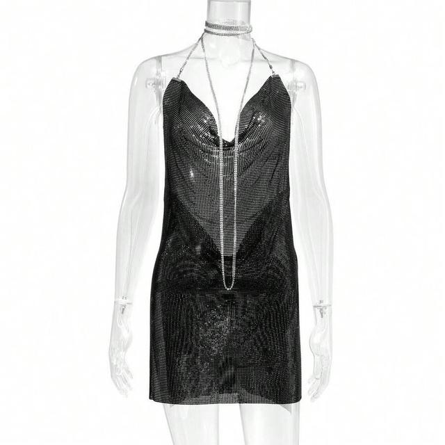 black metallic chainmail cowl neck mini dress