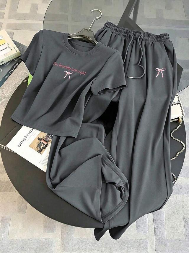 casual grey bow print t-shirt and shorts set