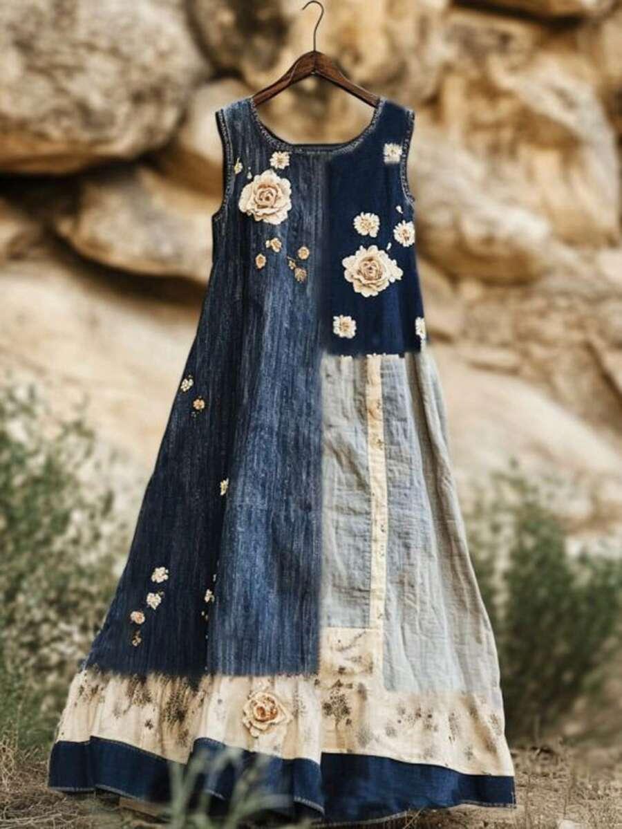 blue patchwork floral faux denim floral patchwork sleeveless midi dress