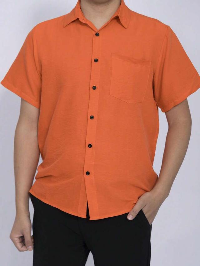 orange men's solid orange casual short sleeve linen shirt