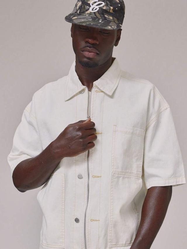 oversized off-white denim shirt with zip and contrast stitching