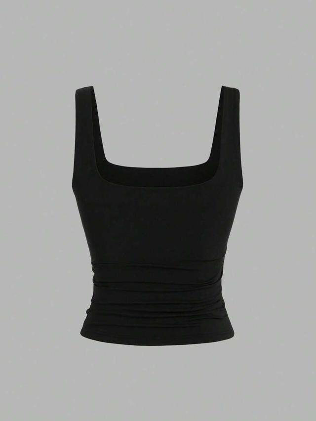 black pleated square neck casual tank top