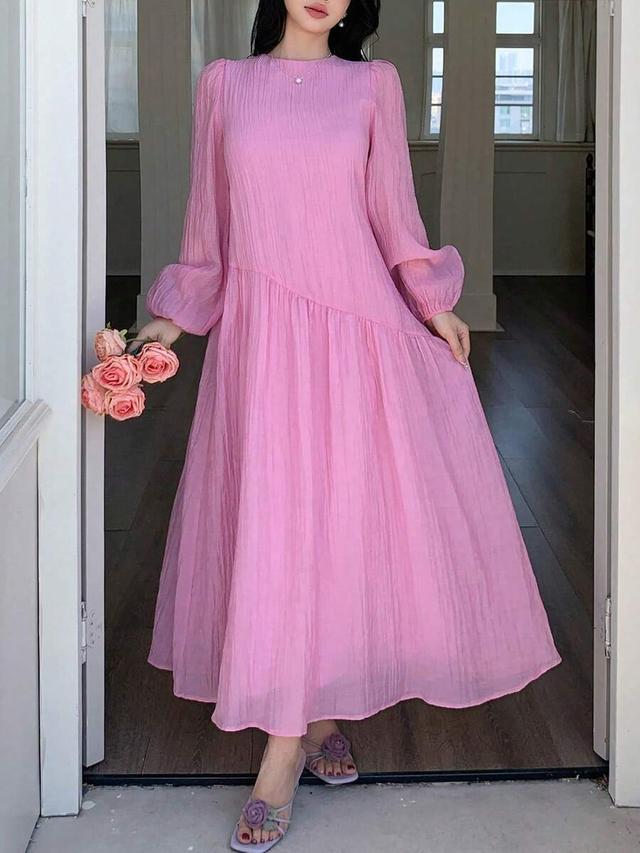 solid pink lantern sleeve loose fit vacation dress