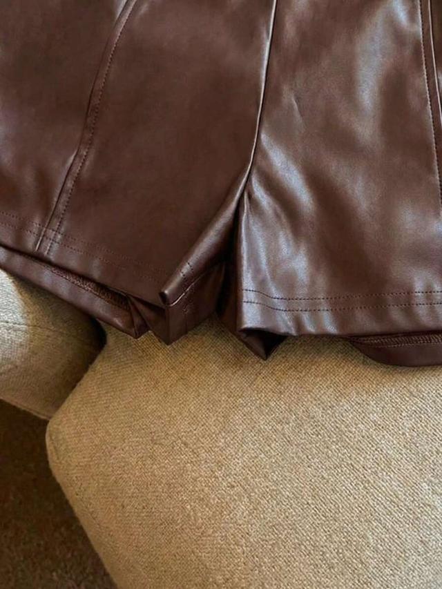 brown pu leather waist-cinching shorts