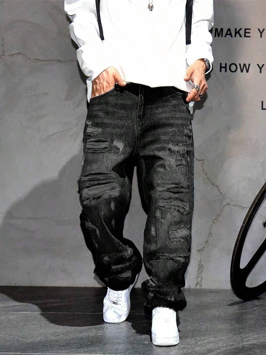 black distressed baggy straight fit denim jeans