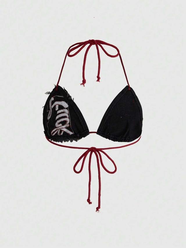black denim y2k retro slogan embroidered tie-up denim bikini top