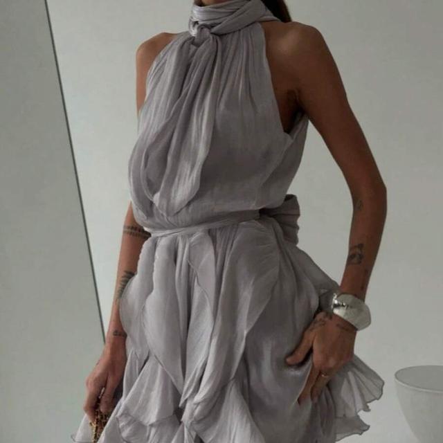 light grey silk halter neck ruffled mini dress