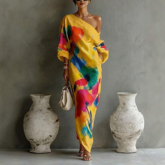 yellow vibrant abstract print one-shoulder linen maxi dress