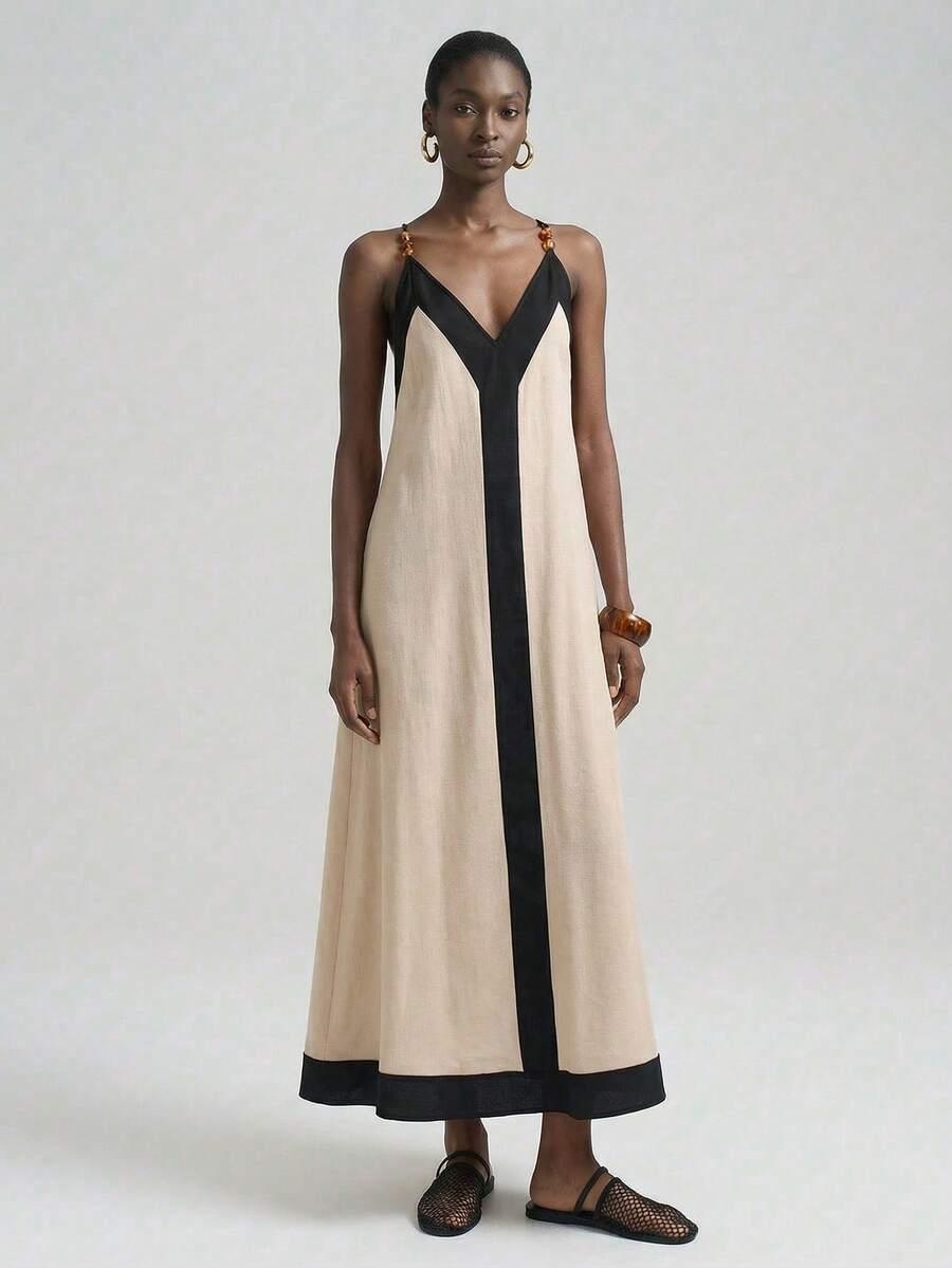 colorblock linen backless maxi dress in black and beige